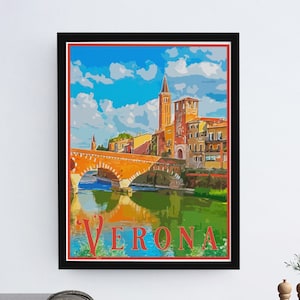 Verona Travel Poster, Vintage Serigraph Style Poster, Wall Art, Travel, Vacation, Souvenir, Frame Not Included