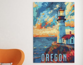May include: A painting of a white lighthouse on a cliff overlooking a blue ocean. The sky is a mix of blue, orange, and yellow. The text "OREGON" is at the bottom of the painting.