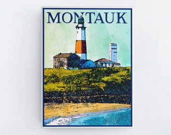 Montauk Travel Poster, Vintage Ink And Watercolor Style Poster, Lighthouse, Wall Art, Travel, Vacation, Souvenir, Frame Not Included