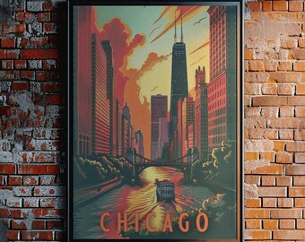 May include: A framed vintage poster of Chicago, depicting a cityscape with the Chicago River and notable buildings. The poster uses a warm colour palette of reds, oranges, and yellows, with the city's name at the bottom.