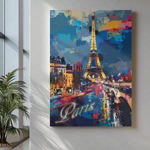 Könnte beinhalten: Ein farbenfrohes Gemälde des Eiffelturms in Paris, Frankreich. Das Gemälde ist in einem Stil gehalten, der an Pinselstriche erinnert, mit einem blauen Hintergrund und leuchtenden Farben. Der Text "Paris" ist in Gold am unteren Rand des Gemäldes geschrieben.