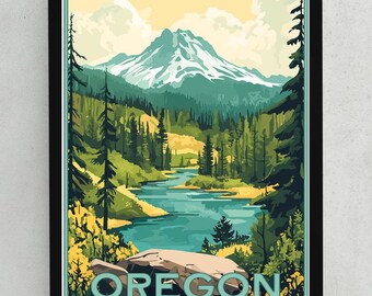 Puede incluir: Un cartel de viaje de estilo vintage que presenta una vista panorámica de una cordillera montañosa y un río sinuoso en un entorno boscoso. El texto "OREGON" se muestra en la parte inferior del cartel.