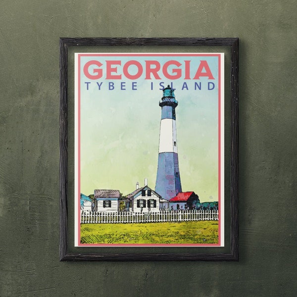 Georgia Travel Poster, Vintage Style Print, Decor, Tybee Island Lighthouse, Wall Art, Travel, Vacation, Home, Souvenir, Frame Not Included