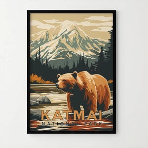 Katmai National Park Travel Poster, Vintage Serigraph Style Poster, Wall Art, Travel, Vacation, Souvenir, Frame Not Included