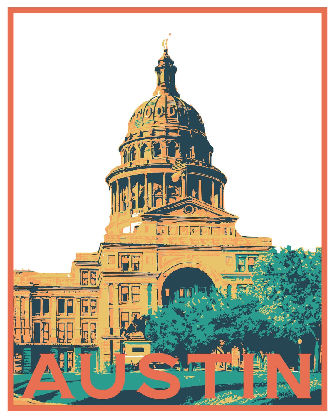 Austin Texas Travel Poster, Vintage Serigraph Style Poster, Wall Art