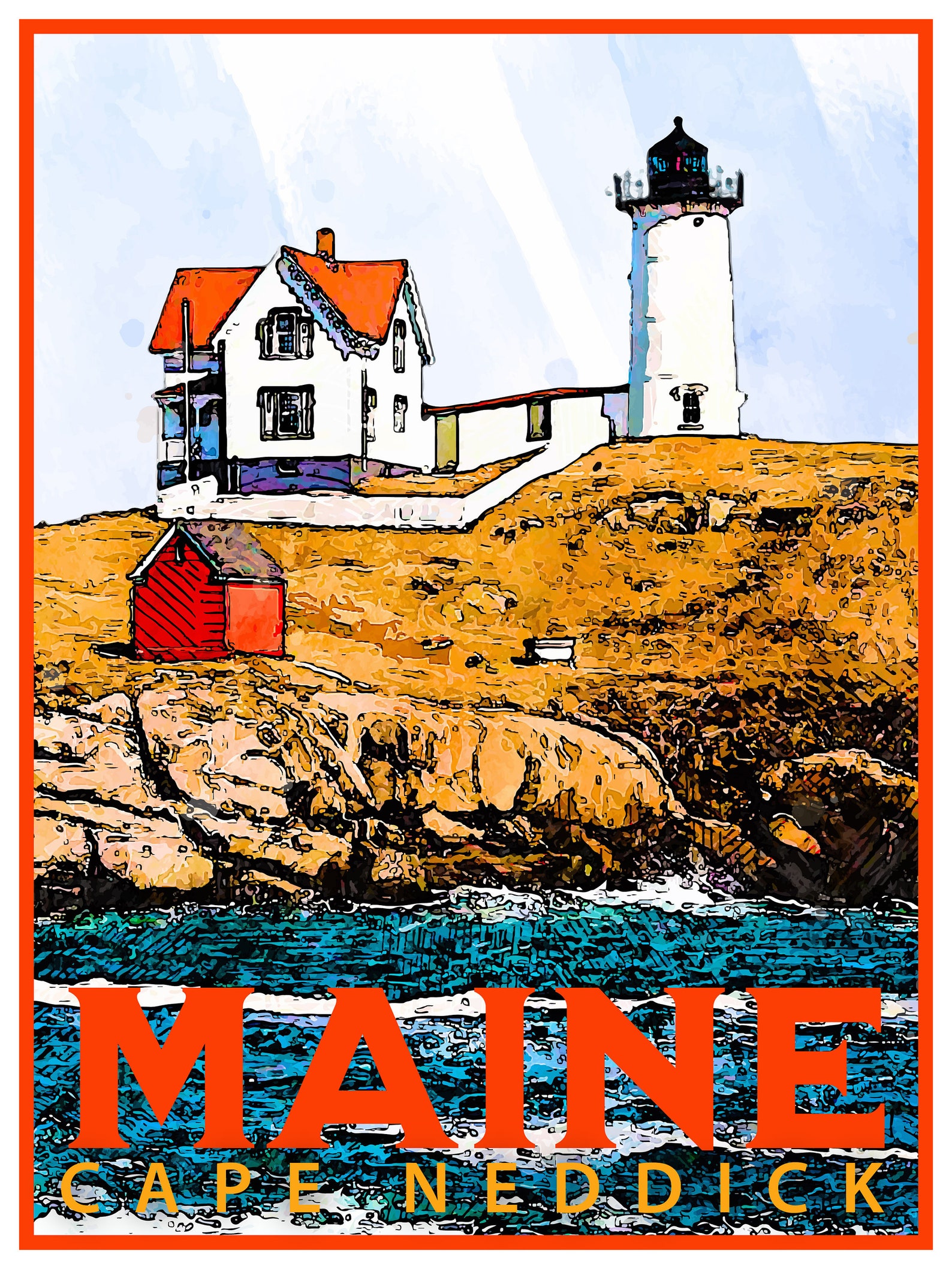 Maine Travel Poster, Vintage Style Print, Decor, Cape Neddick