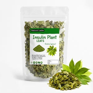 May include: A transparent bag containing dried Insulin Plant leaves. The bag features a green and white label with the text "Insulin Plant LEAFS" and "Natural Lanka". A small pile of leaves and some fresh green leaves are in front of the bag.