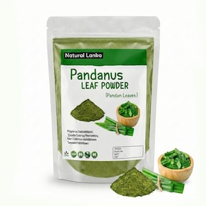 May include: A clear stand-up pouch containing green Pandanus leaf powder, labeled Natural Lanka Pandanus Leaf Powder. The packaging features graphics of a pile of green powder, a wooden bowl of chopped green leaves, and fresh green leaves.