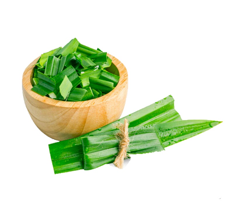May include: A light brown wooden bowl filled with chopped vibrant green pandan leaves, accompanied by two long, whole pandan leaves tied together with a thin, natural-colored twine, all displayed against a plain white background.
