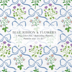 May include: A seamless pattern featuring blue ribbon bows and watercolor flowers in shades of purple, pink, and green. The pattern is on a white background and is 11.5 inches by 7 inches.