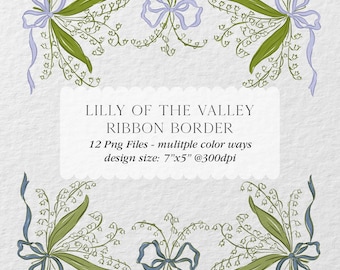 Hand Drawn Lily of the Valley Ribbon Frame Illustrations PNG, Invitation Clipart, Hand Drawn Whimsical Floral Ribbon, Instant Download