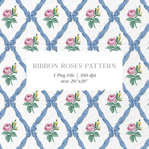 Grandmillennial Blue Ribbon Vintage Rose Blumen Aquarell Clipart Cottagecore Tapete Rapportmuster Hand gezeichnet Clipart Digital Paper