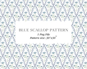 Grandmillennial Botanical Blue Flowers Watercolor DIY clipart Cottage Core Wallpaper Scallop Pattern Artwork Wedding Clipart Digital Paper