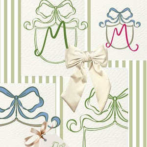 May include: An artistic composition featuring bow illustrations in green, blue, and pink, along with a cream-colored satin bow. The designs include the letter "M" within a shield shape, set against a striped background.
