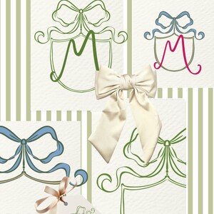 May include: An artistic composition featuring bow illustrations in green, blue, and pink, along with a cream-colored satin bow. The designs include the letter "M" within a shield shape, set against a striped background.