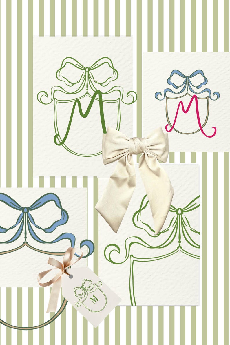 May include: An artistic composition featuring bow illustrations in green, blue, and pink, along with a cream-colored satin bow. The designs include the letter "M" within a shield shape, set against a striped background.