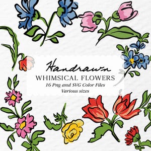 Ilustraciones de flores caprichosas dibujadas a mano (PNG), clip de flores SVG, flores dibujadas a mano, bocetos de flores para descarga instantánea