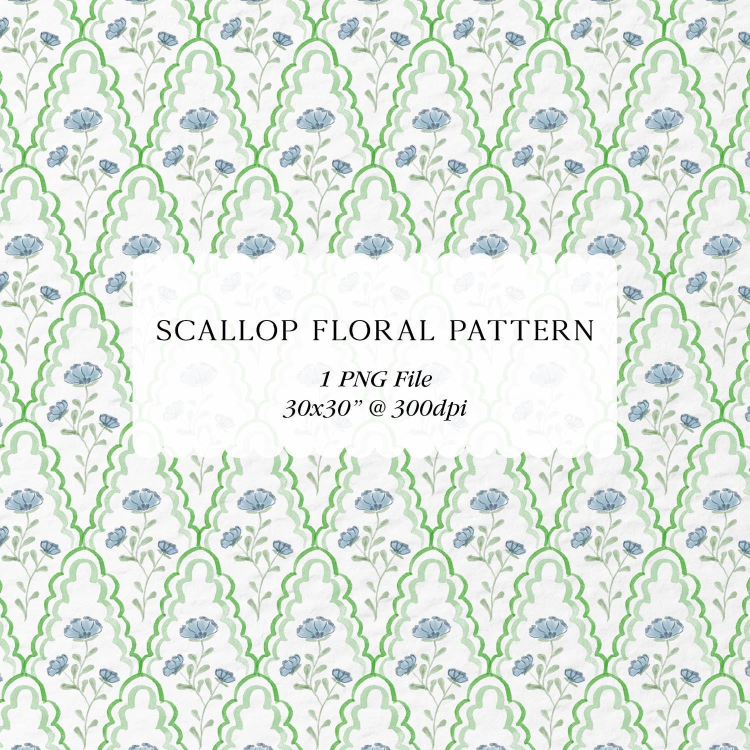 Grandmillennial Green Scallop Pattern with Pink Flowers Watercolor Cottage Core Repeat Style Pattern Artwork Wedding Clipart Digital Paper