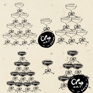Champagne Tower, Champagne Glass with Bows, Champagne Glasses Hand Drawn Illustration SVG, Wedding Champagne Invitation, Wedding Bar Menu
