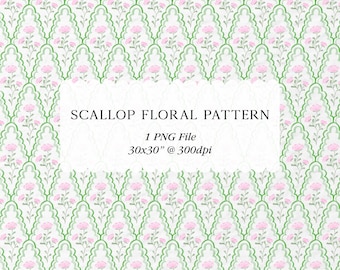 Grandmillennial Green Scallop Pattern Pink Flowers Watercolor Cottagecore Wallpaper Style Pattern Artwork Wedding Clipart Digital Paper