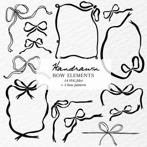 Può includere: Un set di 14 elementi di fiocco nero disegnati a mano e uno schema di fiocco. I fiocchi sono di varie forme e dimensioni, e alcuni hanno nastri attaccati. Il testo "Handdrawn Bow Elements" è scritto in nero nella parte inferiore dell'immagine.