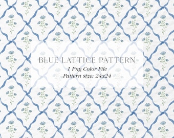 Grandmillennial Blue Lattice Flowers Watercolor Clipart Cottagecore Wallpaper Scallop Pattern Artwork Wedding Clipart Digital Paper