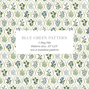 May include: A seamless pattern featuring blue and green floral designs on a white background. The pattern is arranged in a repeating geometric pattern with gold accents. The text "BLUE GREEN PATTERN" is displayed in a white rectangle with a black border.