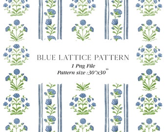 Grandmillennial Blue Stripe Flowers Watercolor Clipart Cottagecore Wallpaper Scallop Pattern Artwork Wedding Clipart Digital Paper