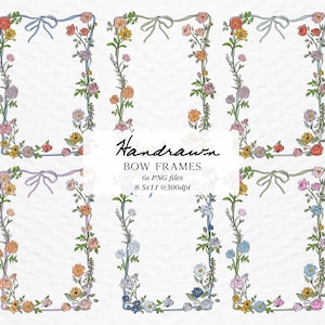 May include: Six hand-drawn floral bow frames in pastel colours. Each frame is 8.5 x 11 inches at 300 dpi.