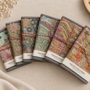 May include: Six rectangular notebooks with fabric covers featuring intricate embroidery, beadwork, and lace appliqués in various colours including green, blue, pink, and gold. Each notebook is wrapped with a thin cord and has a white paper band.