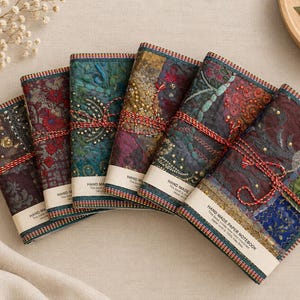 May include: A collection of six rectangular notebooks featuring fabric covers with intricate patchwork, embroidery, and beadwork in shades of green, red, blue, and brown. Each notebook is secured with a red and white cord and has a paper band.