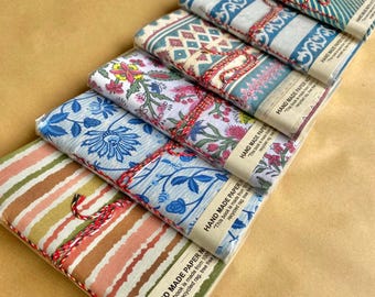 Cuaderno de tela hecho a mano - 6 x 4, tela estampada con bloques, diseño bohemio, papel liso, cuaderno para escribir, regalo para artistas