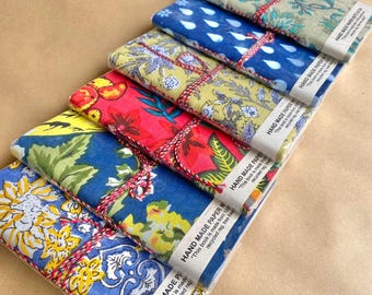 Cuaderno de tela hecho a mano - 6 x 4, tela estampada a mano, diseño bohemio, papel liso, cuaderno para escribir, regalo para artistas