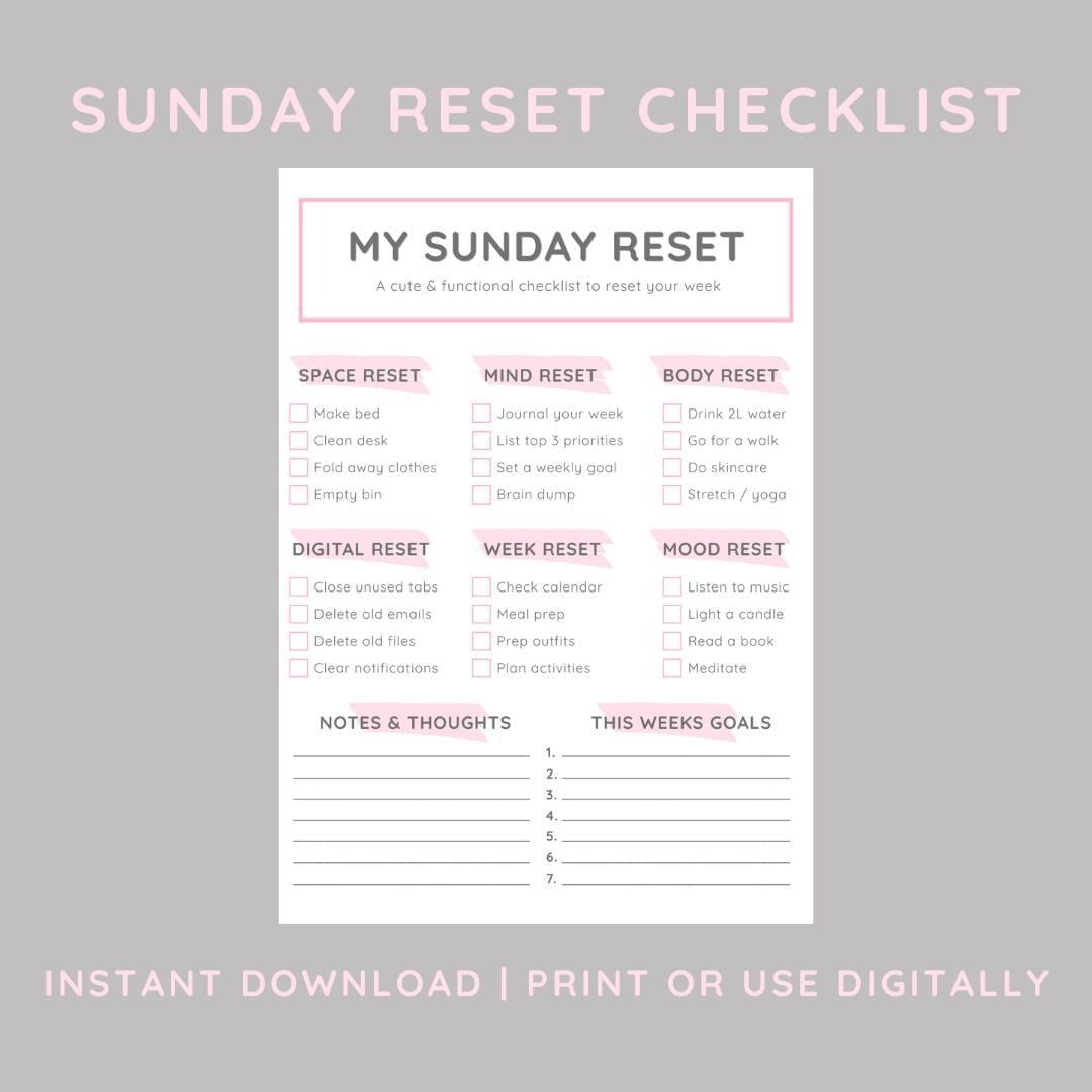 Sunday Reset Checklist.pdf Sunday Reset Checklist | Weekly Self-care Planner | Instant Download 1 ...