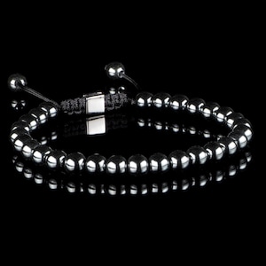 Hematite Macramé bracelet, 6mm Grey Bracelet, Gift for Men, Mens Bead Bracelet, Mens Gift, Metal Gemstone Bracelet, Silver Chrome Jewelry