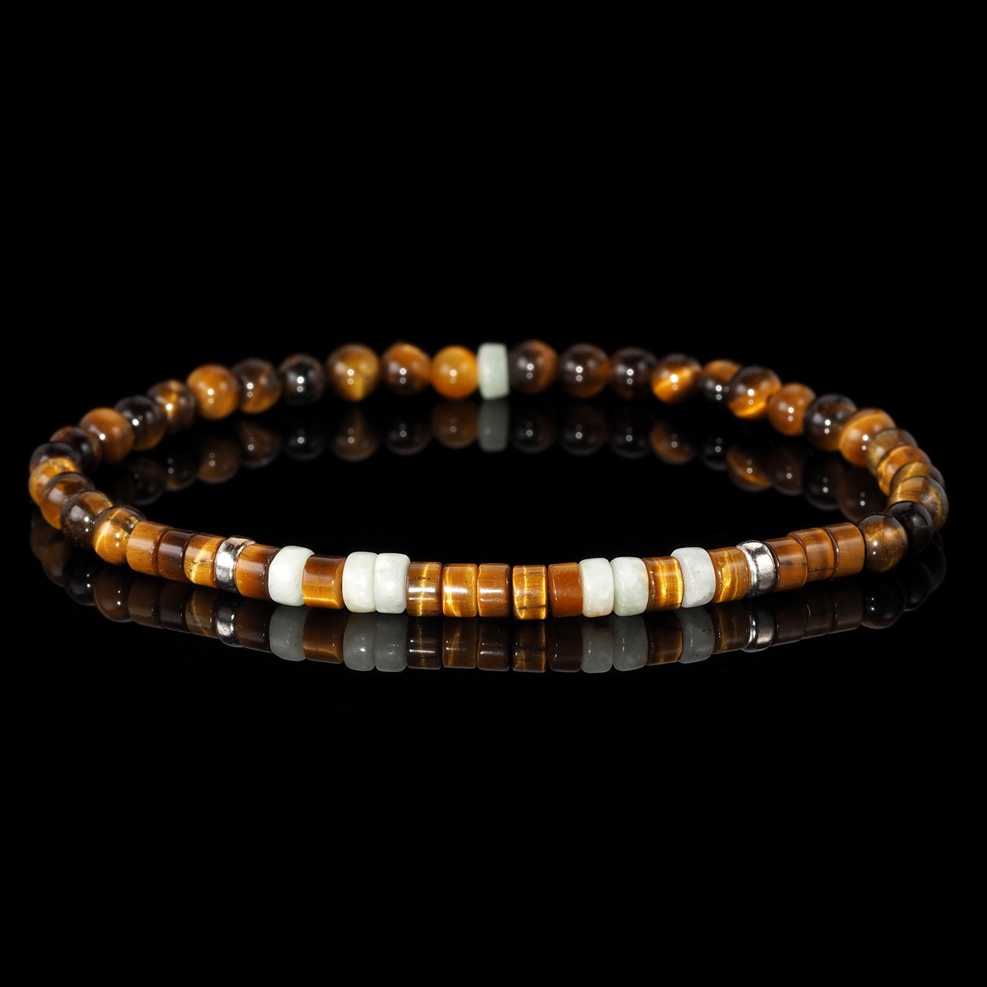 Men's Fine Heishi Stretch Bracelet, 925 Silver, Yellow Tigereye, Qinghai Jade, Gift for Men, Father's Day Gift