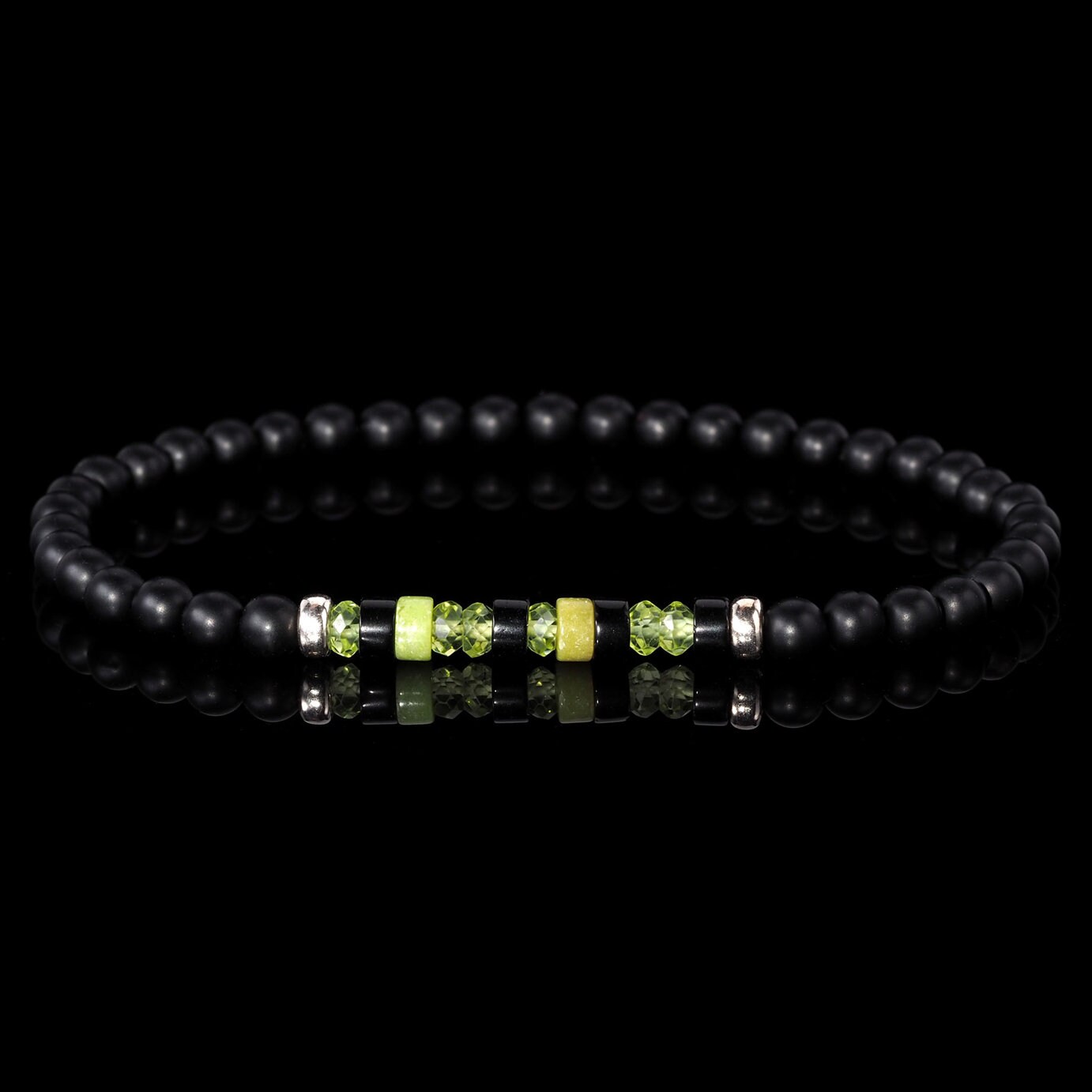 Mens Fine Stretch Bracelet, Faceted Peridot, Chrysoprase, Onyx