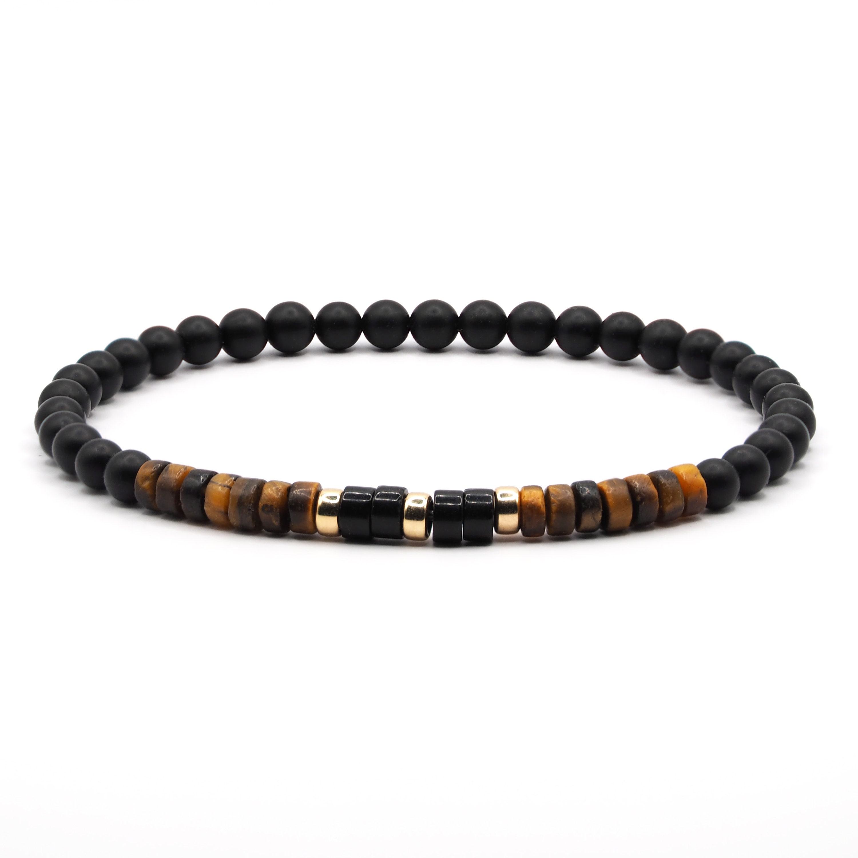 Bracelet oeil de tigre fin pour homme, pierres Heishi d'onyx noir mat, cadeau d'anniversaire pour homme, cadeau de fête des pères, bracelet extensible pour homme 4 mm