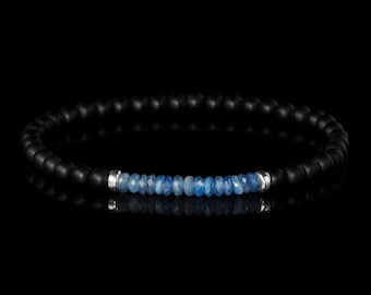 Feines Stretcharmband für Herren, Facettiertes Blaues Kyanit Armband, 925 Silber Heishi Perlen, Geschenk für Mann, Jahrestag, Vatertagsgeschenk, Onyx