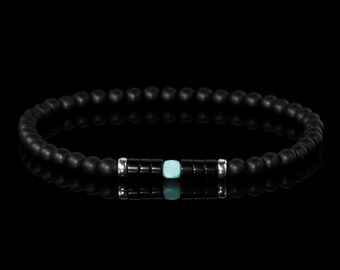 Herren Fein Stretch Armband, Heishi Armband, 925 Silber, Facettierter Larimar Würfel, Geschenk für Mann, Jahrestag, Vatertagsgeschenk, Matt Onyx