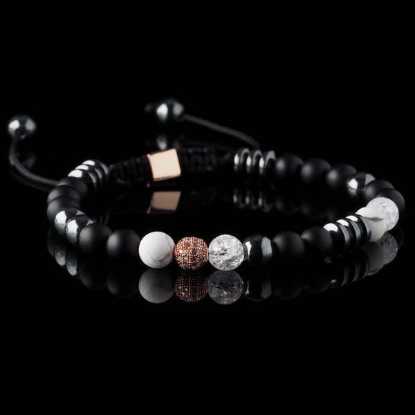 Herren 'CHAOS VI' Armband, 6mm verstellbares Armband, Mans Edelstein Armband, Geschenk für Männer, Howlith, Onyx, Yin Yang Armband, Vatertagsgeschenk