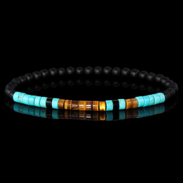 Bracelet Heishi turquoise fin, bracelet d'été, bracelet Heishi pour homme, onyx, oeil de tigre, cadeau pour lui, cadeau d'anniversaire pour homme, cadeau d'anniversaire