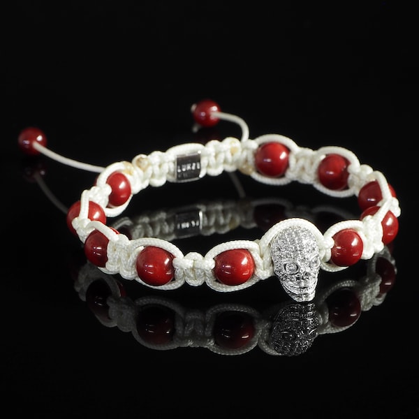 Premium Coral + Skull Diamond Bracelet, Luxury Skull Bracelet, 925 Sterling Silver with Cubic Zirconia Diamonds, Christmas Gift