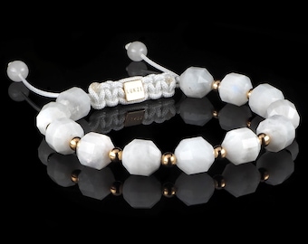 Unique Moonstone + Yellow Gold bracelet, Elegant Unisex Bracelet, Gift for Her, Gift for Him, White Bracelet, Faceted Moonstone, Yellow Gold
