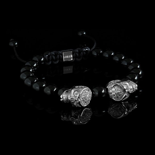 The 'Phantom' bracelet, 8mm Onyx & 925 Silver Skulls Bracelet, Diamonds Bead Bracelet, Premium Bracelet, Quality Gemstones, Gothic Design