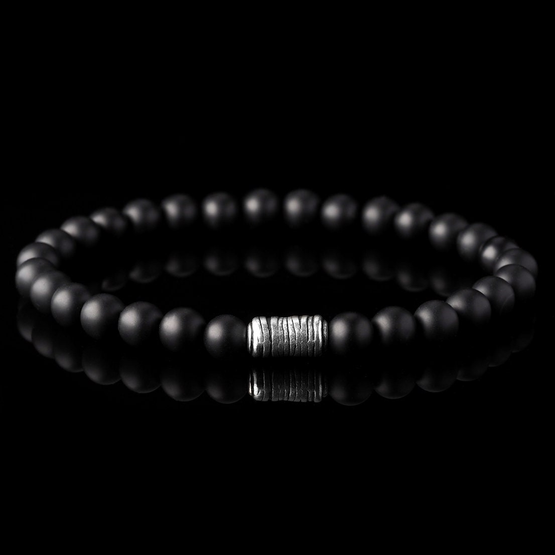 Mens Onyx Stretch Bracelet, Black Bracelet, Tibetan Silver, Gift for Him, Mens 6mm Bracelet