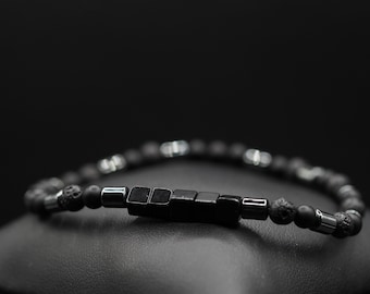 Feines Herren Stretch Onyx Armband, Hämatit, Lavastein, schwarzes Armband, Geschenk für Mann, 4mm Herrenarmband