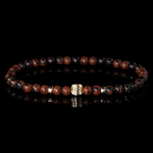 Fine Mahogany Obsidian Bracelet, Mens Stretch Bracelet, Gold filled Heishi Beads, Gift for Him, Premium Anniversary Gift, Birthday Gift