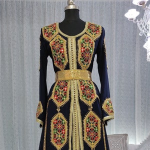 Islamic Dark Blue Brasso Hand Black Embroidery with Digital Flowers Printed Front Open Style Kaftan