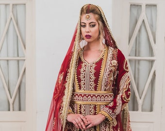 Maroon Color Long Sleeve  Designer Arabic Wedding Caftan With Trail Kaftan For Women African Wedding Takchita Dresses